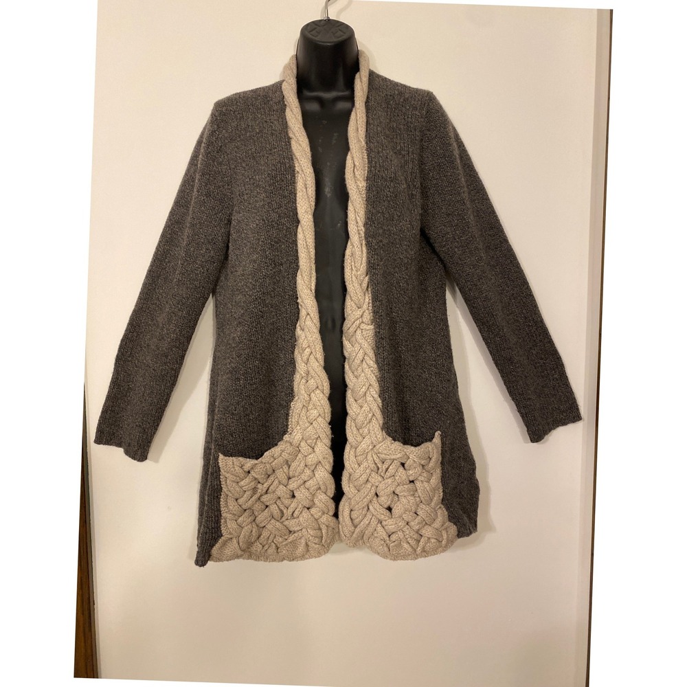 Sparrow Anthropologie Lambswool Braided Trim Open Front Cardigan Gray Cream L